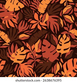 Bold maximalist tropical vector background. Modern botanical abstract seamless pattern. Groovy allover print with tropical leaves, branches and flowers