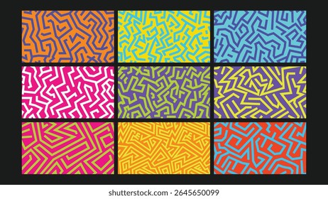 Fundo abstrato em forma de labirinto ousado com cores vibrantes e linhas angulares nítidas, perfeito para design digital moderno e estética inspirada no pop.