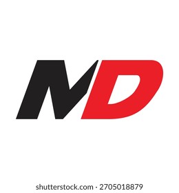 Design vetorial em negrito do logotipo da letra MD. Monograma Dinâmico para Esporte, Automotivo, Tech Branding. Símbolo Inicial Vermelho e Preto Moderno.