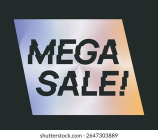 Negrito texto Mega Venda sobre uma forma trapezoide gradiente colorido com fundo preto, estilo geométrico moderno para marketing e promoção. Ilustração vetorial