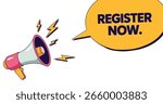 A bold megaphone with register now speech bubble vector illustration. Perfect for announcements and marketing campaigns on white background.