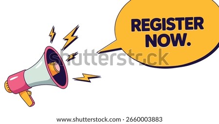 A bold megaphone with register now speech bubble vector illustration. Perfect for announcements and marketing campaigns on white background.