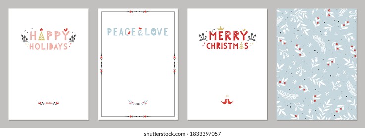 Bold Merry Christmas greeting cards. Universal trendy Winter Holidays art templates. Vector backgrounds.