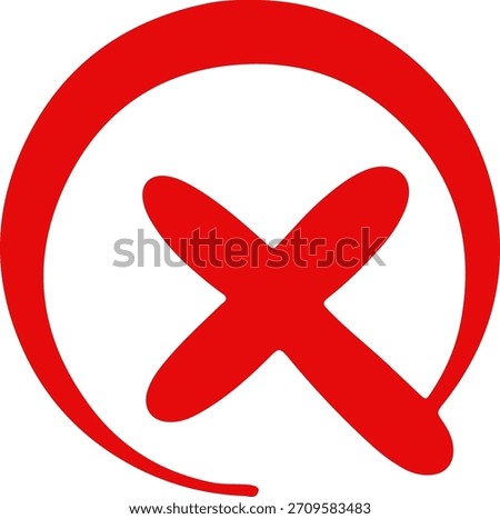 Bold, messy, hand-drawn red cross mark inside a slightly irregular circle.