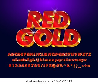 Bold metallic red and gold outline text effect,  futuristic and elegant font, luxury red alphabet with gold extrude outline