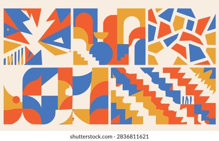 Bold Mid-Century Geometric Abstract Pattern Set with Arches, Triangles, Mosaic Shapes, Curves, and Stair Forms