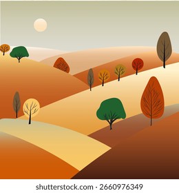 Paisaje otoñal mínimo audaz, colinas onduladas con tonos dorados, ocres y marrones, árboles estilizados dispersos, diseño de Vector plano, sol, Formas limpias, sin contornos, ilustración moderna de otoño