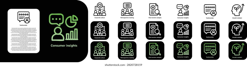 bold Minimal line icon set for Feedback like Corporate culture Retrospective meeting Post-mortem analysis Consumer insights Testimonials Growth mindset