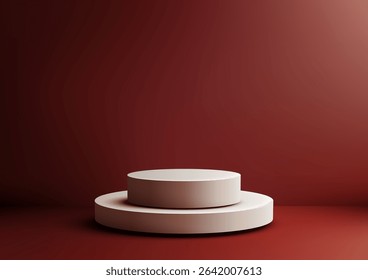 Bold minimalist 3D two tiered beige cylindrical podium on a dark red surface, luxury product display, mockup, or showroom showcase in modern branding and advertising concepts