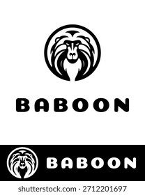 Diseño atrevido y minimalista del logotipo de la cara del babuino dentro de un marco circular en blanco y negro