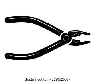 A bold, minimalist black and white graphic of pliers, representing precision and craftsmanship. Ideal for construction, engineering, or repair themes. Vector illustration, tool icon, symbol.