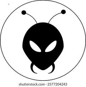 A bold and minimalist black-and-white illustration of an alien face with distinctive almond-shaped eyes and two antennas, encased in a circular frame. This design blends sci-fi and modern simplicity, 