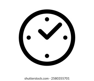 Bold, minimalist clock icon design.  A checkmark inside the clock face symbolizes completion, on-time delivery, or scheduling. Perfect for website design, apps, presentations, and more.