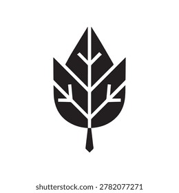 A bold, minimalist graphic of a black leaf featuring white vein details, centered against a plain white background. The design uses high contrast and sharp lines to emphasize the leaf’s natural struct.