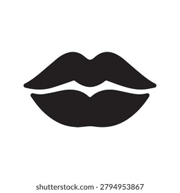 A bold, minimalist graphic of two black lips with a soft, slightly rounded outline against a plain white background. The lips are symmetrical and filled solidly in black, creating a striking contrast .