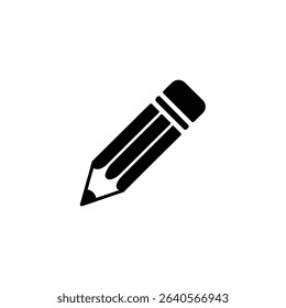 A bold, minimalist icon of a black pencil with an eraser, symbolizing creativity, writing, and drawing. Isolated on a white background, perfect for design.