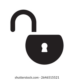 Um ícone negrito e minimalista de um cadeado aberto simbolizando acesso, conteúdo desbloqueado ou permissões concedidas. Ideal para design de interface do usuário, sites e interfaces de aplicativos seguras.