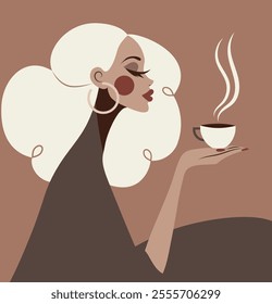 A bold minimalist illustration of chic black woman enjoying coffee in Mocha Mousse palette trendy vibe. Perfect for prints, greeting cards, packaging, or branding projects. Color of the Year.