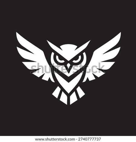 Bold minimalist illustration of an owl in forward-facing flight with wide geometric wings spread against deep black background. The design features sharp angular lines, V-shaped body and forehead, large hollow circular eyes with dark pupils, pointed triangular ear tufts, and fan-shaped wings with distinct angled feather lines suggesting upward momentum and power. Striking symmetrical composition with strong graphic quality perfect for modern branding symbolizing wisdom, vigilance, and nocturnal power.