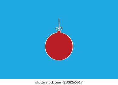 Bold, minimalist illustration of a red Christmas ornament hanging from a simple bow, set against a bright blue background. The contrasting colors and clean design create a striking, modern holiday.