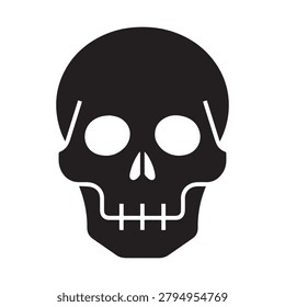 A bold, minimalist illustration of a skull rendered in solid black with stark white accents. The eyes are large and circular, and the mouth features a jagged, cross-like design. The background is plai.