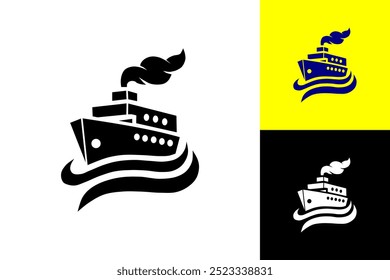 A bold and minimalist logo design of a ship sailing among the waves with smoke coming out of its chimney, indicating movement and journey