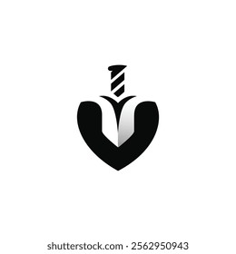 A bold, minimalist logo featuring a stylized heart shape containing a sword-like object.