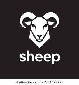 Bold minimalist logo featuring a stylized geometric ram's head in white with thick black outlines against solid black background, above the word sheep in white sans-serif uppercase letters. The frontal ram design includes simple black dot eyes within white triangles, V-shaped nose mouth, angled cheek lines, pointed ears, and iconic large curled horns with smooth semi-circular curvature. Clean modern aesthetic with strong contrast perfect for tech brands, creative agencies, or any business playing with the irony of a powerful ram labeled sheep.