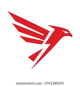 Bold minimalist logo featuring a vibrant red abstract falcon or eagle in flight against stark white background. The sharp angular design shows a forward-leaning elongated body with pointed beak, small triangular eye detail, a wing segmented into three distinct upward-fanning shapes, and a triangular tail element extending downward. Dynamic asymmetrical composition creates powerful forward momentum suggesting speed, precision, and predatory focus. Modern graphic perfect for sports teams, aviation brands, security services, and aggressive competitive identities.