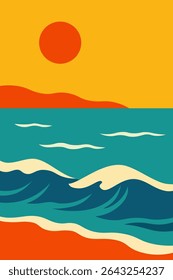 Bold Minimalist Ocean Waves with Retro Sunset