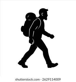 A bold, minimalist silhouette of a man hiking, showcasing a strong profile view.