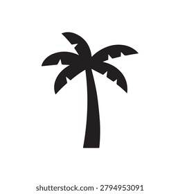 A bold, minimalist silhouette of a palm tree featuring a tall trunk and broad, fan-shaped fronds. The design is rendered in solid black against a plain white background, emphasizing clean lines and a .