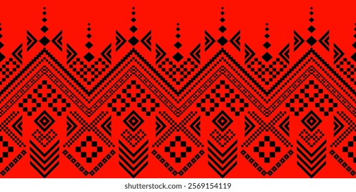 A bold and minimalist Thai silk pattern featuring geometric shapes in contrasting shades of red and black. The design showcases traditional Thai textile techniques and is perfect for various design