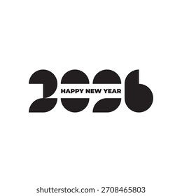 Una Ilustración vectorial atrevida y minimalista que presenta el año 2026 formada por Formas geométricas abstractas en negro, superponiendo la frase "FELIZ AÑO NUEVO" en un diseño limpio y moderno ideal para tarjetas de felicitación