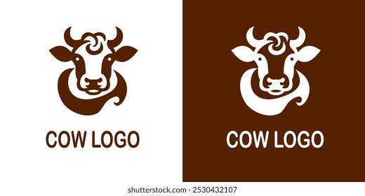 Bold and minimalistic cow logo design, featuring a stylized cow face with prominent horns and smooth curves