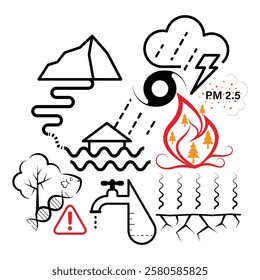 Bold, minimalistic illustration depicting climate change impact, including wildfire, flood, air pollution, and drought. Ideal for environmental campaign, editorial content, and educational material.