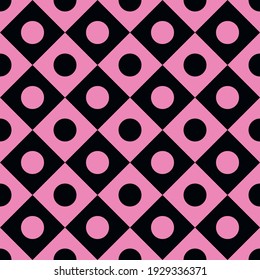 Bold minimalistic seamless checkerboard pattern. Repeating geometric squares and circles. Abstract pink vector background design.