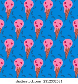 Bold minimalistic summer seamless pattern. Vector high contrast ice cream cone and confetti on blue background. Hand drawn design for party. Ideal for wrapping, background, kids textile, wallpaper