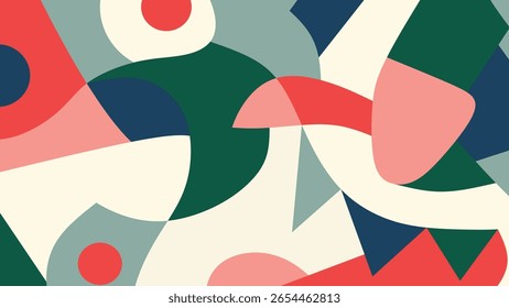 Diseño abstracto atrevido y moderno con formas geométricas, arcos y ángulos en tonos de color retro en una composición de estilo collage en capas.