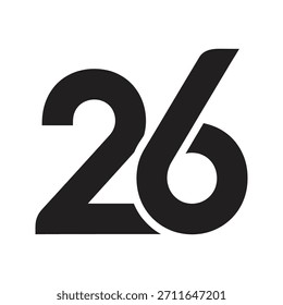 Un diseño tipográfico negro atrevido y moderno del número 26, que simboliza el año 2026 para calendarios minimalistas, camisetas de equipos deportivos y proyectos de Diseño gráfico contemporáneo.