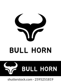 A bold and modern bull horn logo design featuring a minimalistic and abstract representation of a bull's head