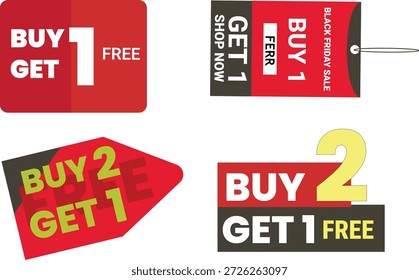 Una colección atrevida y moderna de “Compra 1 y consigue 1 gratis” y “Compra 2 y consigue 1 gratis” etiquetas promocionales diseñadas en vibrantes colores rojo y negro. Ideal para tiendas minoristas, Sitios web de comercio electrónico, ventas del Black Friday, Anuncios publicitarios y campañas de marketing para destacar ofertas especiales y aumentar la participación de los Clientes.