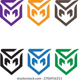 Una colección audaz y moderna de seis logotipos de estilo escudo con una forma de "M" central con una marca de verificación integrada en la parte superior.