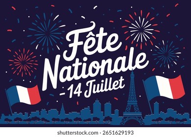 Bold modern design with French colors and Eiffel Tower for July 14 Bastille Day patriotic poster artwork