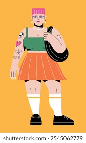 Bold modern fashion illustration of a confident young woman with tattoos, wearing a green top, orange skirt, and pink hair.  
