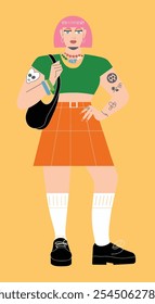 Bold modern fashion illustration of a confident young woman with tattoos, wearing a green top, orange skirt, and pink hair.  
