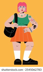 Bold modern fashion illustration of a confident young woman with tattoos, wearing a green top, orange skirt, and pink hair.  
