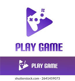 A bold and modern gaming logo with a purple gradient play button and game controller icon, representing video games, entertainment, and digital play