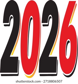 Una representación gráfica audaz y moderna del año 2026 con tipografía estilizada en rojo y negro de alto contraste. El diseño incluye un sutil efecto 3D con contornos blancos y cálidos acentos amarillos de sombras, lo que lo hace perfecto para las cuentas regresivas del Nuevo año, carteles de eventos y materiales de marketing digital".