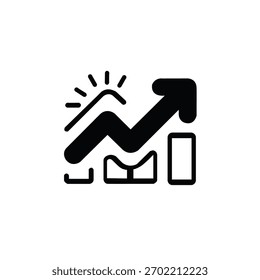 Um ícone de crescimento e análise arrojado e moderno com uma seta ascendente, barras de gráfico ascendentes e um elemento sunburst simbolizando progresso, desenvolvimento e desempenho positivo.